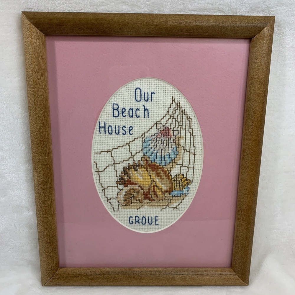 Completed Cross Stitch‎ Framed Beach Tropical Beach House Sea Shell Decor 9x11